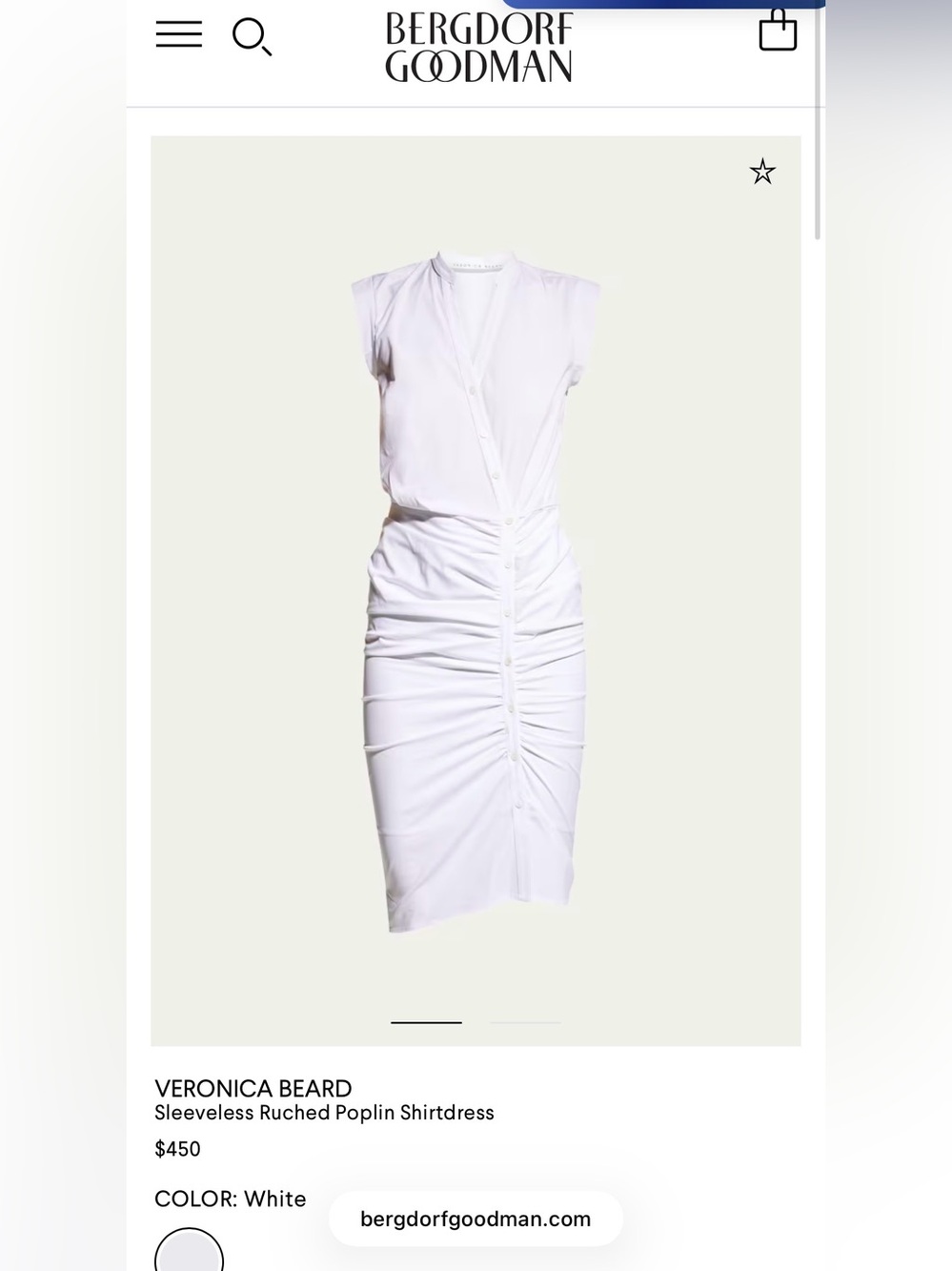 NWT- Veronica Beard White Ruched poplin shirt dress - size 0